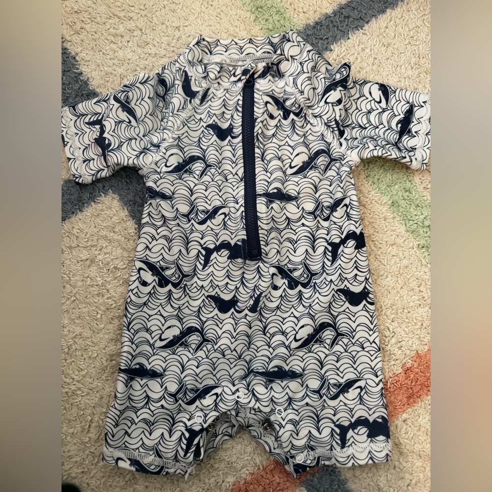 Kids Navy Whale Print One-Piece Swim Romper/Rashgaurd